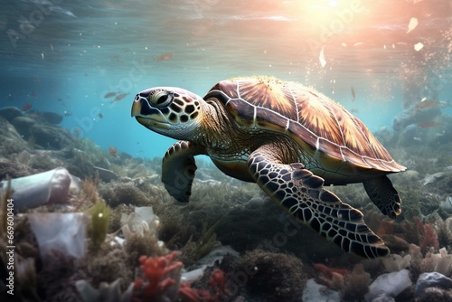 The oceanic turtle emerges from a pollution-infested sea  unable to survive amidst excessive plastic waste. Generative AI