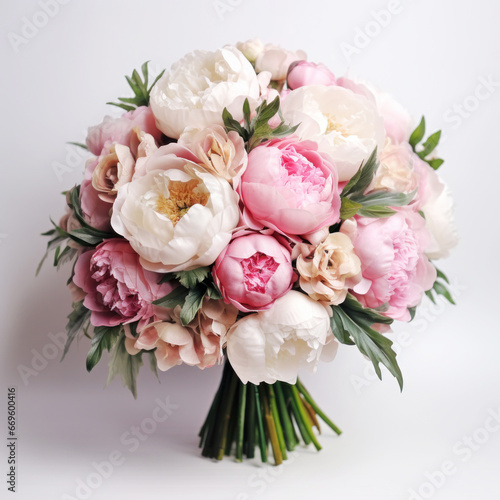 Beautiful bouquet with peonies of pink white color and English roses wedding bouquet floristry isolated on a white background