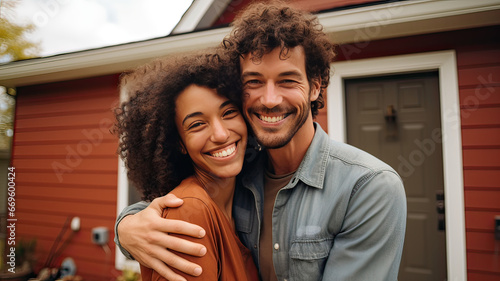A newly married couple hugs and smiles for the camera in front of the house they have bought photo