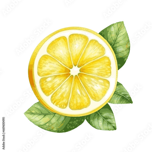 Watercolor lemon slice fruit with leaves for food vitamin design on white background