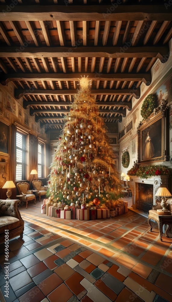 Fototapeta premium Imposing Christmas tree richly adorned with sparkling lights and colourful orbs, elegant presents at the base, in an old hall with wood-beamed ceilings, tiled floors, period furnishings and an ornate 