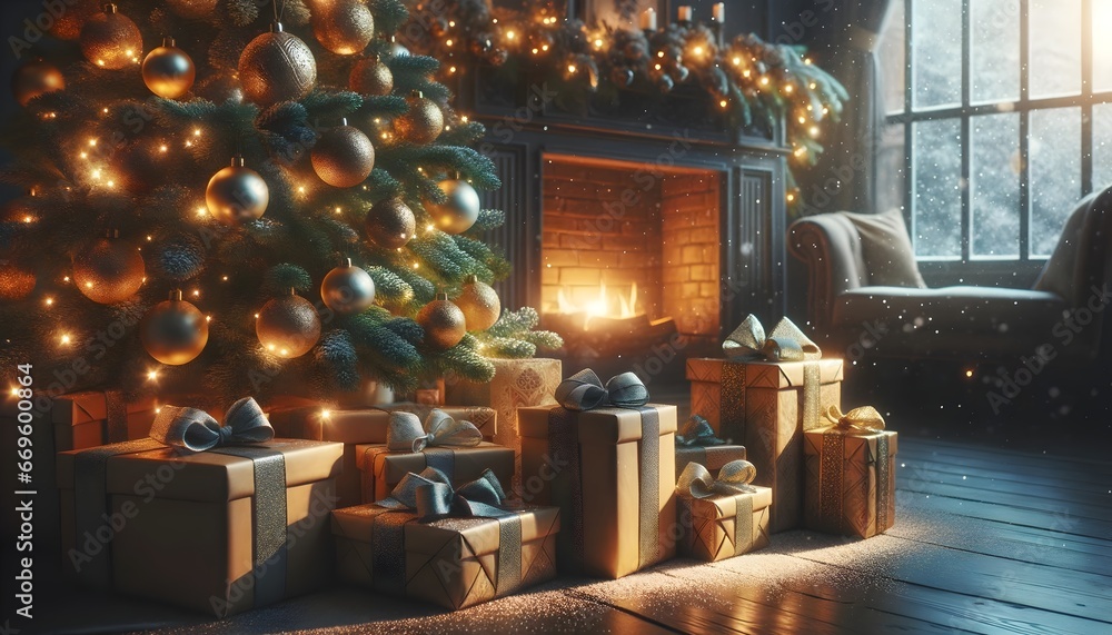 Christmas scene with beautifully decorated Christmas tree, presents wrapped in golden paper, twinkling lights and a lit fireplace in a room with a wooden floor, under light snow visible through the wi