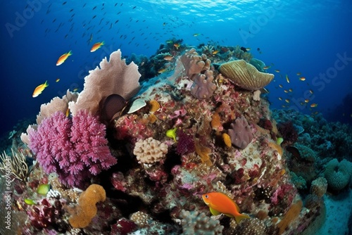 Stunning underwater scenery showcasing vibrant corals and exotic fish. Generative AI