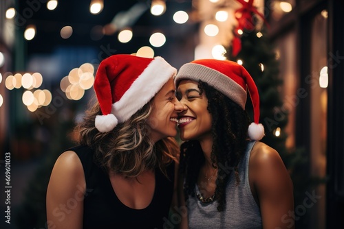 Two happy women, LGBTQ+, wearing Christmas Hats, lesbian couple of young women.