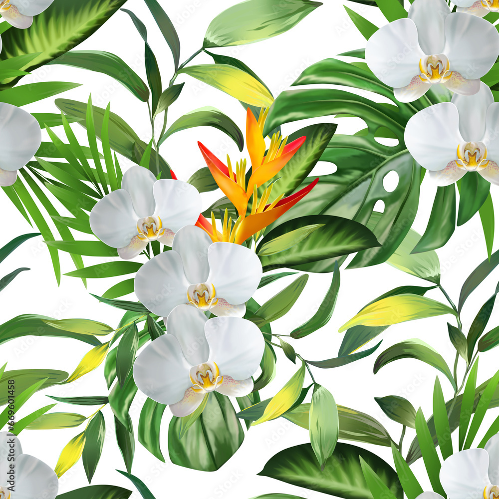Fototapeta premium Tropical floral seamless pattern with exotic flowers, paradise flower, jungle leaves, palm. Artistic background. Wallpaper with botanical illustrations. Summer pattern