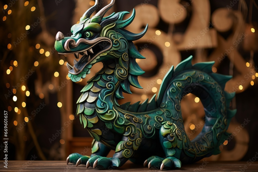 The fabulous green wooden dragon is the symbol of the 2024 New Year. Colorful bright stylish Christmas card