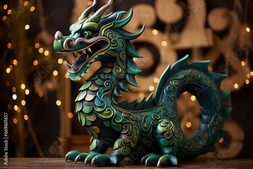 The fabulous green wooden dragon is the symbol of the 2024 New Year. Colorful bright stylish Christmas card © Alena