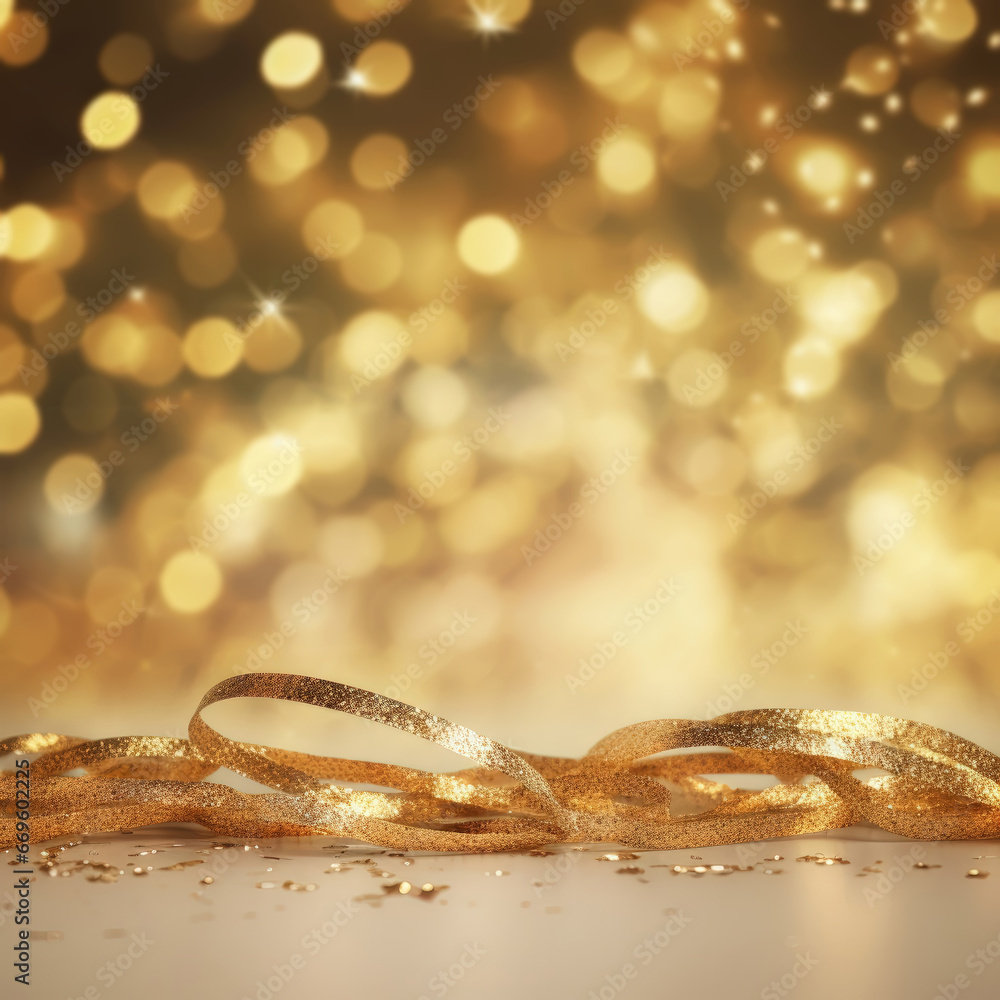 Golden blurred background with a bokeh effect, confetti, and golden ribbons. An abstract luxurious festive backdrop. Generative ai. Golden blurred background with a bokeh effect, confetti, and golden ribbons. An abstract luxurious festive backdrop. Generative ai.