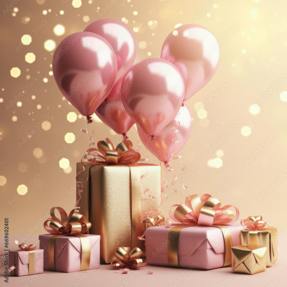 A festive romantic scene with confetti, heart-shaped pink balloons, and gift boxes, all shimmering with the sparkle of confetti and ribbons. Generative ai.