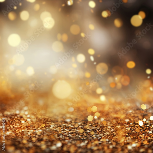 Golden blurred background with a bokeh effect and confetti. An abstract luxurious festive backdrop. Generative ai.