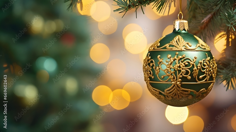 green and gold glitter Christmas bauble ball decoration Ornament hanging from Christmas Tree, Bokeh lights holiday landscape background banner with copy space 