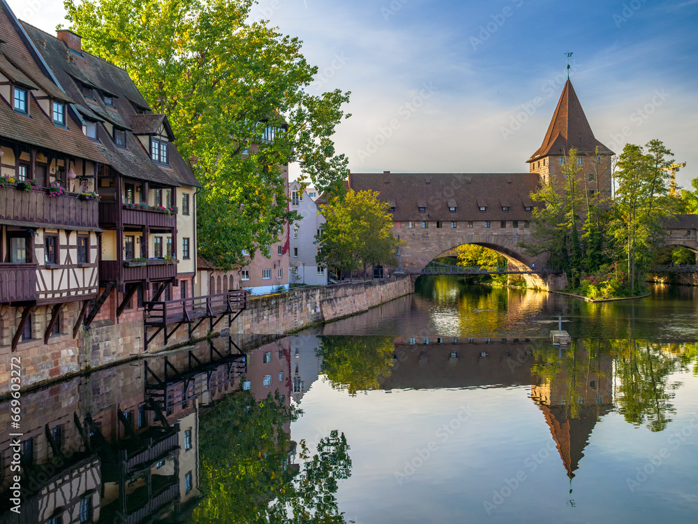 Alte Häuser an der Pegnitz, Fronveste und Schlayerturm, Nürnberg, Mittelfranken, Bayern, Deutschland, Europa Alte Häuser an der Pegnitz, Fronveste und Schlayerturm, Nürnberg, Mittelfranken, Bayern, Deutschland, Europa