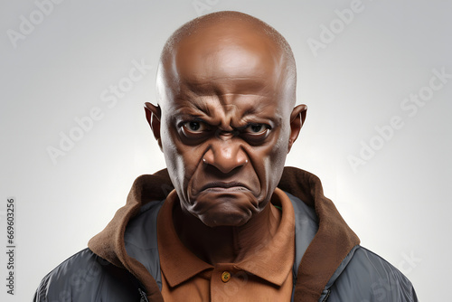 Angry senior African American man, head and shoulders portrait on white background. Neural network generated image. Not based on any actual person or scene. photo