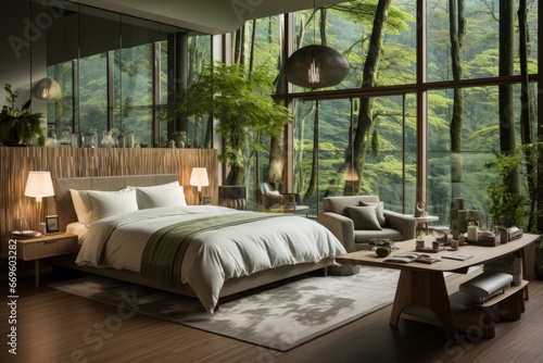 natural tropical resort bedroom interior cosy comfort nature material and surface finishing decorate with creative design bedroom with view of garden window view © VERTEX SPACE