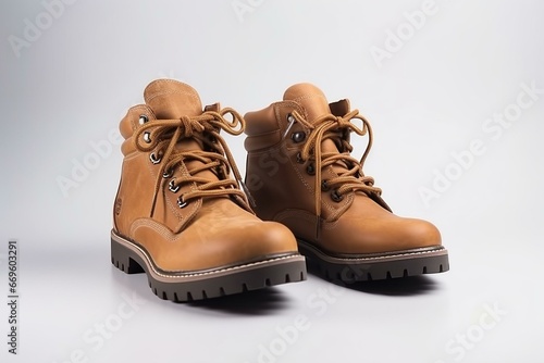 Light brown leather boots with shoelace on white background. Generative AI