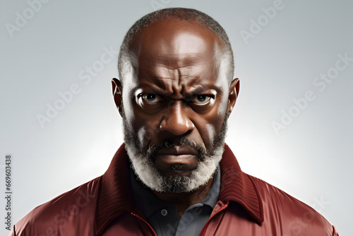 Angry African American man, head and shoulders portrait on light gray background. Neural network generated image. Not based on any actual person or scene.