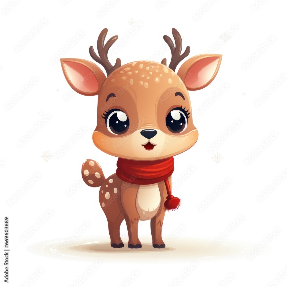 Fototapeta premium Little deer in a red scarf, New Year's card