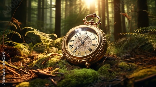 A timer clock is set up on the forest floor to represent the losses that occur when time passes more slowly in the natural environment. Generative Ai.