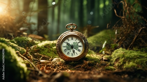 A timer clock is set up on the forest floor to represent the losses that occur when time passes more slowly in the natural environment. Generative Ai.