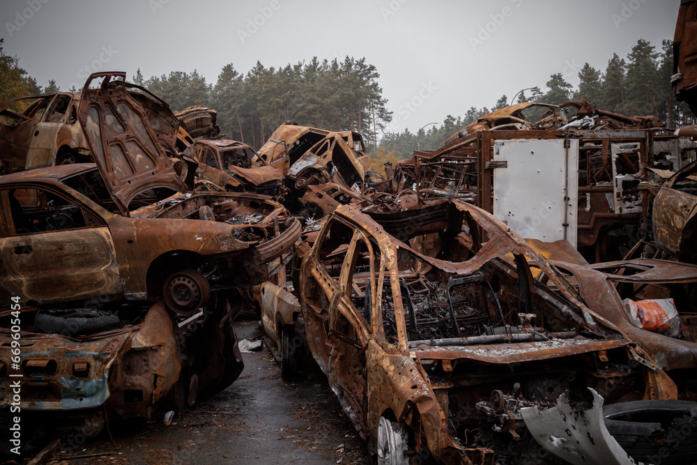 a lot of burned out cars