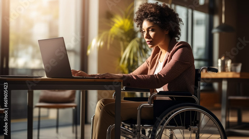 copy space, stockphoto, Woman in a wheelchair working on a laptop in an office, handicap and disability. Disabled woman working with a laptop in an office environment.