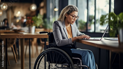copy space, stockphoto, Woman in a wheelchair working on a laptop in an office, handicap and disability. Disabled woman working with a laptop in an office environment.