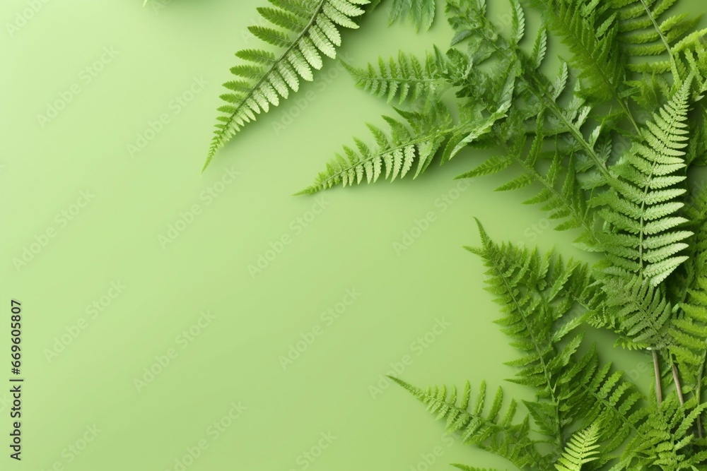 Top view of ferns on green background in flat lay style. Greeting for women, mothers day, or summer sale banner. Generative AI