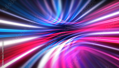 Abstract futuristic background with pink blue neon lines glowing in ultraviolet light, and bokeh lights.