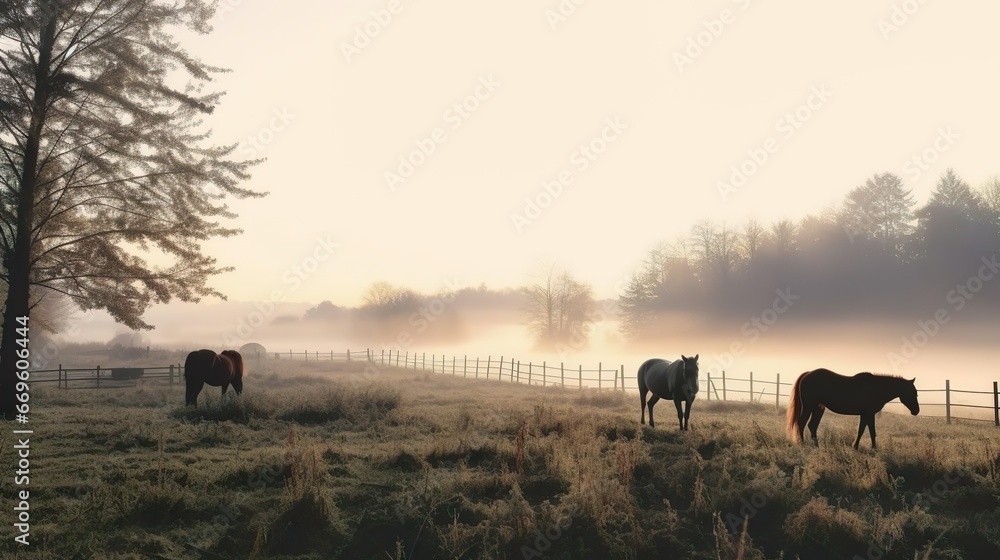 Horses grazing in pasture on a cold morning at sunrise Horses grazing in pasture on a cold morning at sunrise