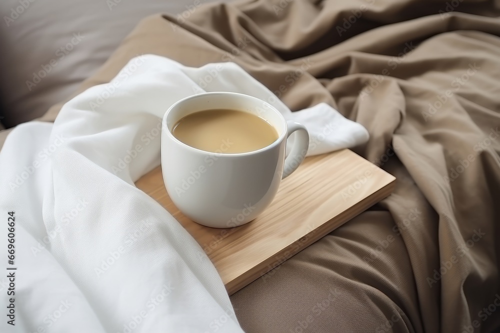 cosy comfort easy lifestyle hot coffee drink mug ceramic cup onwhite soft bed and blanket home interior background