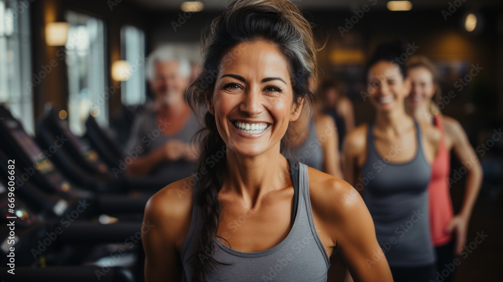 In this image, we can see a woman radiating happiness while she is in a gym. Her face reflects a contagious smile that lights up the room, demonstrating her enthusiasm for being in class. Surrounding In this image, we can see a woman radiating happiness while she is in a gym. Her face reflects a contagious smile that lights up the room, demonstrating her enthusiasm for being in class. Surrounding