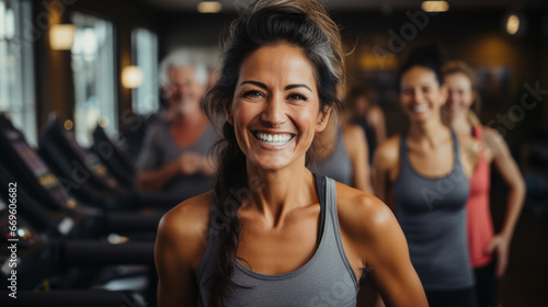 In this image, we can see a woman radiating happiness while she is in a gym. Her face reflects a contagious smile that lights up the room, demonstrating her enthusiasm for being in class. Surrounding 