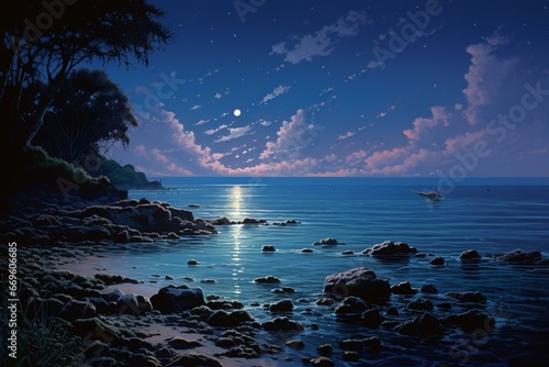 Moonlit serene scene reflects on calm ocean. Generative AI