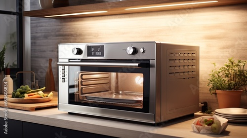 closeup oven microwave on wooden partry counter top home interior detail background kitchen room interior