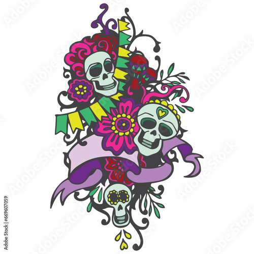 Composition of three funny colored skulls on celebration emblem, calavera catrina, el dia de los muertos vector illustration