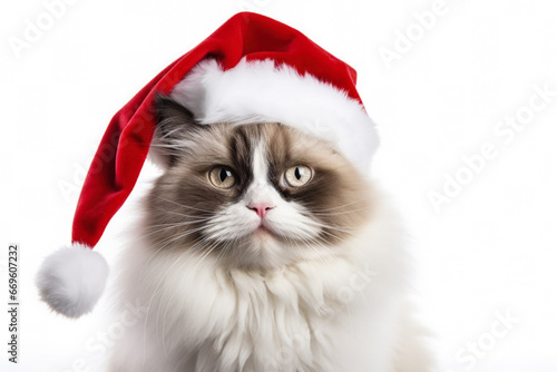 Christmas Ragdoll cat donning fluffy Santa beard and cap isolated on a white background 