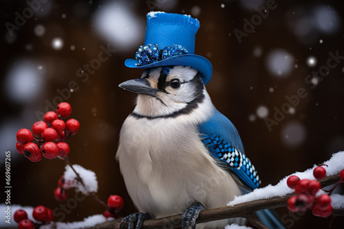 Blue Jay bird flaunts top hat and holiday bow tie for New Year  © fotogurmespb