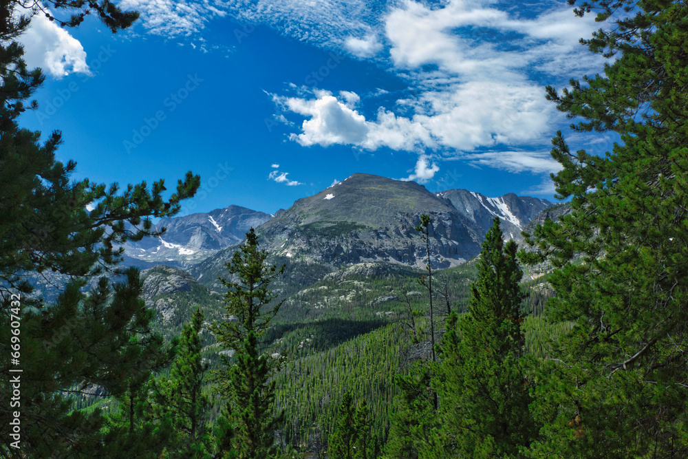 Snowy mountain peaks in a green forest with a cloudy blue sky.
