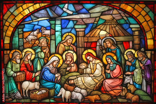 Foto Stained glass window with motifs of the nativity of Jesus