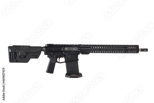 AR10 carbine, modern automatic black rifle isolated on white background. Weapons for police, special forces and the army.