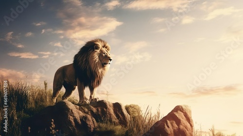 Single lion standing proudly on a small hill