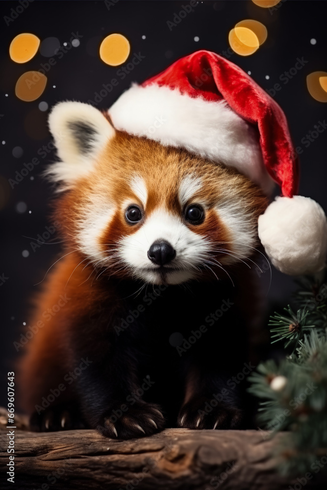Christmas Red Panda with baby Santa hat and mistletoe background with empty space for text Christmas Red Panda with baby Santa hat and mistletoe background with empty space for text