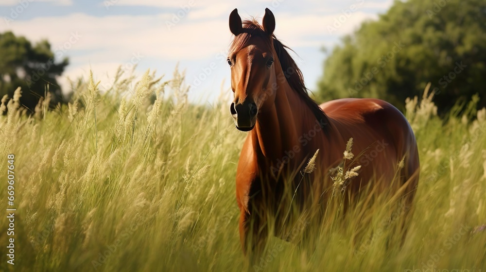 Portrait of a bay horse in the tall grass in the summer Portrait of a bay horse in the tall grass in the summer