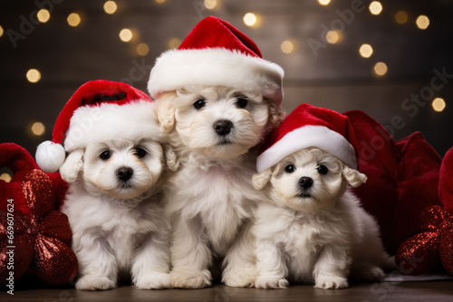 Christmas Bichon Frise puppy in Santa outfit among teddy bears background with empty space for text 