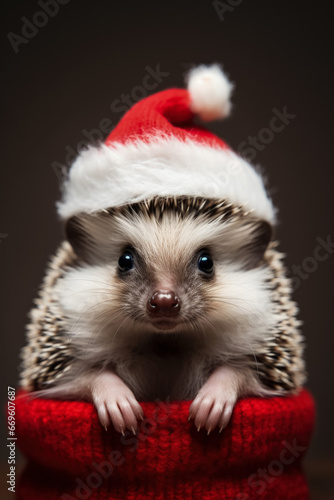 Christmas hedgehog dons tiny reindeer antlers background with empty space for text 