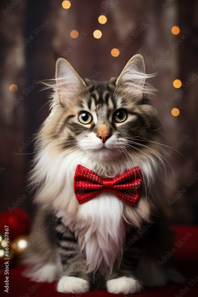 Christmas Maine Coon cat in holiday-themed sweater background with empty space for text 