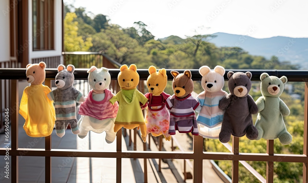 Photo of a playful display of teddy bears hanging on a colorful rail