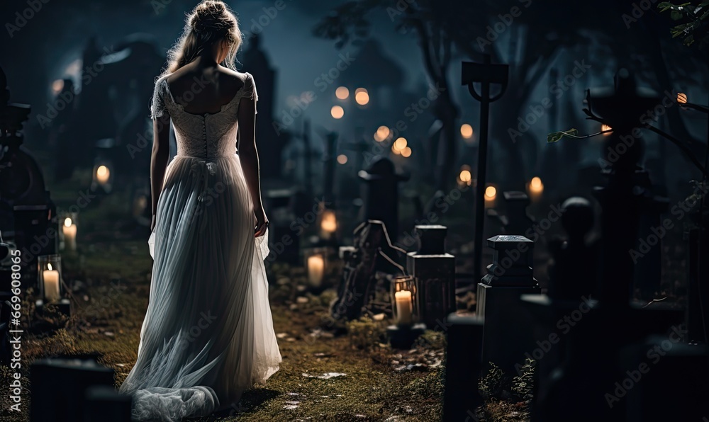 Photo of a woman in a wedding dress standing in a cemetery