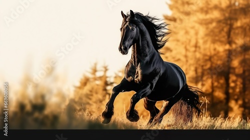 running black horse Warmblood at morning field photo