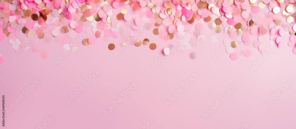 Pink festive flat lay with confetti and sparkles Vertical photo
